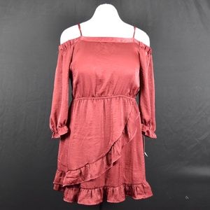 NWT Trixxi Girl Merlot Color Off-Shoulder Ruffled Faux Wrap Dress Size L